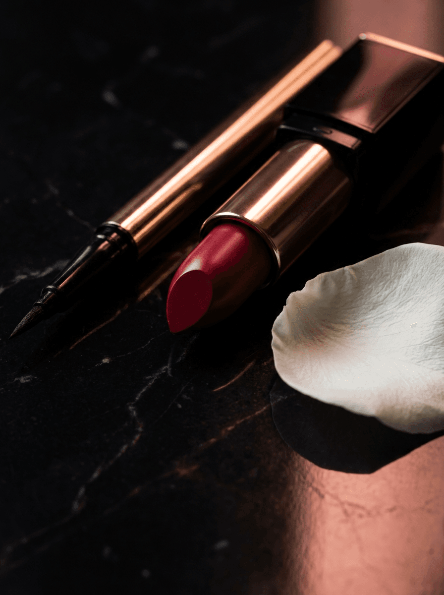 La Rouge Royale craftsmanship — lipstick and eyeliner on dark marble